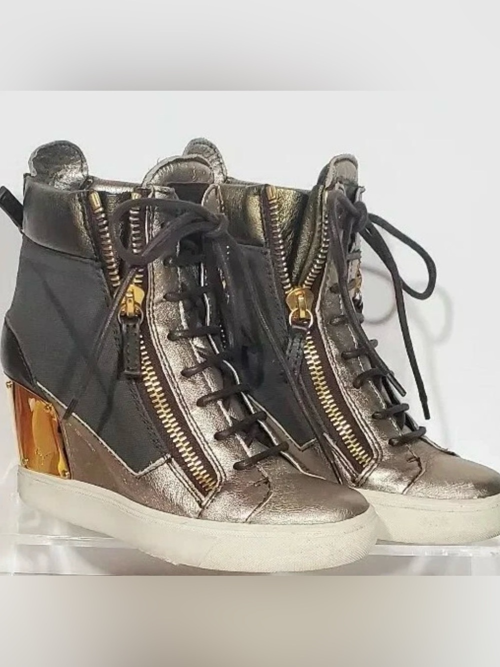 GIUSEPPE ZANOTTI alba canvas & metallic Gold Lace-Up Wedge Sneakers Y2K